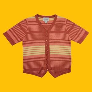 Knit Striped Button Up Short Sleeve Top, Pink Salmon Yellow, S